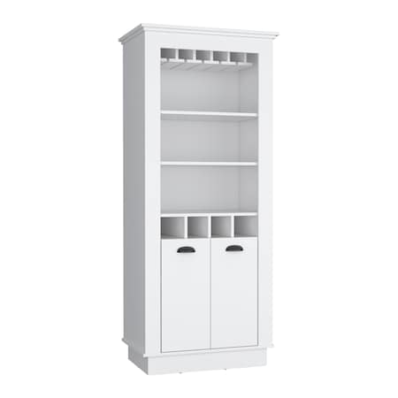 Juniper Kitchen Island With Large Top Surface. Double Door Cabinet. And Open Shelves -White/Onyx